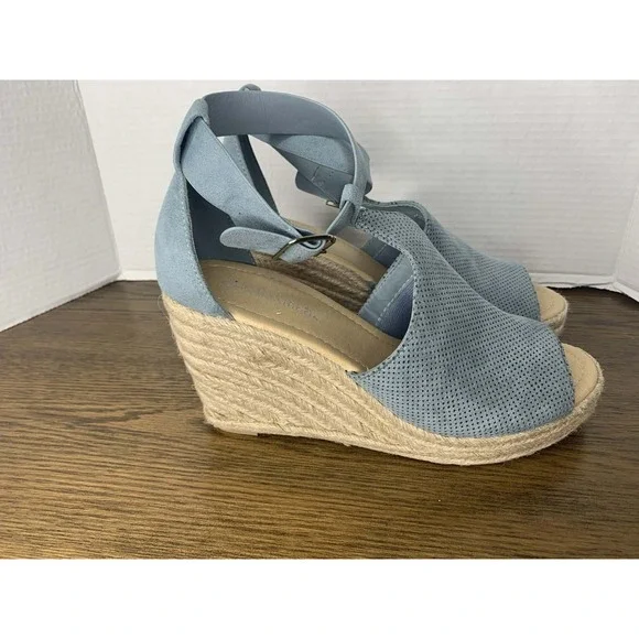 Cityclassified Blue Perforated Suede Espadrille Platform Wedge Sandals - Picture 3 of 7
